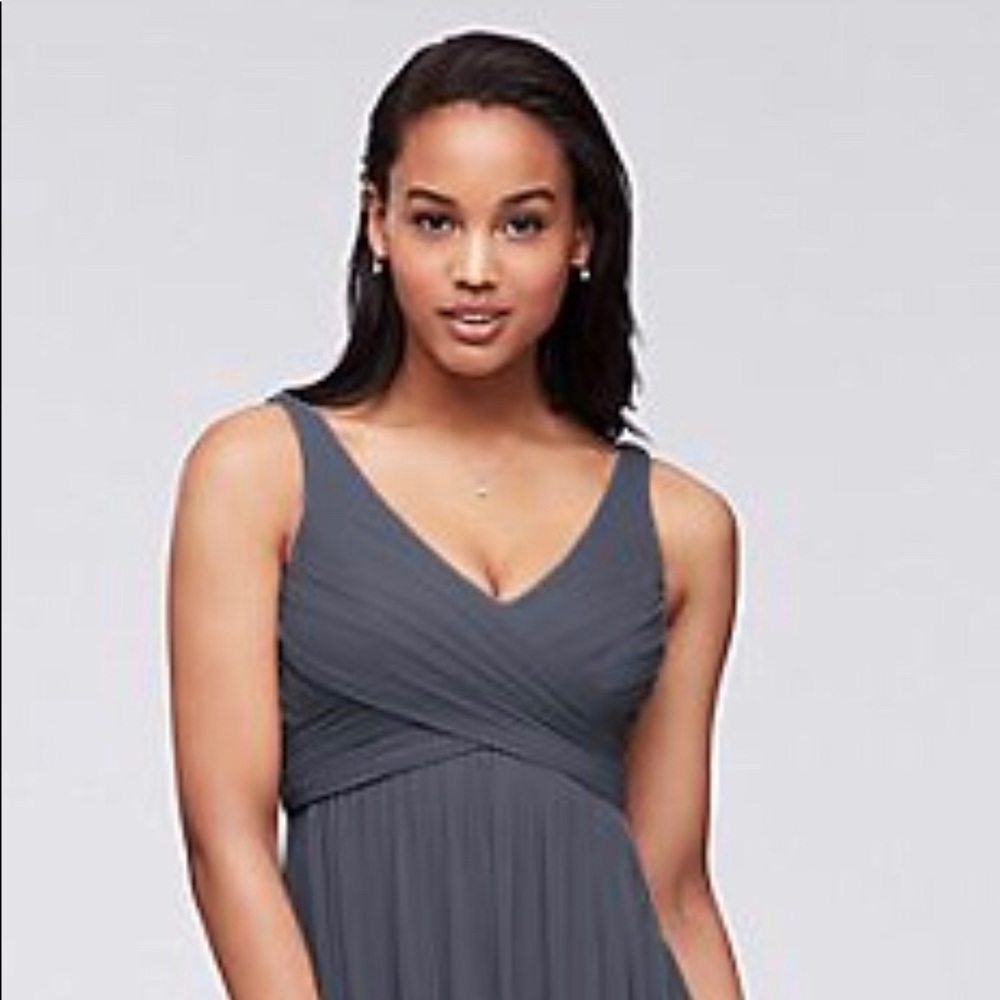 Long, mesh dress with cowl detail. Pewter. Size 2.